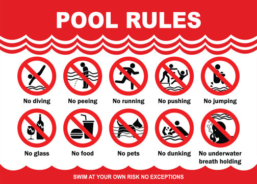 Swimming pool rules danger warning sign. Prohibited actions in swimming pool with red background