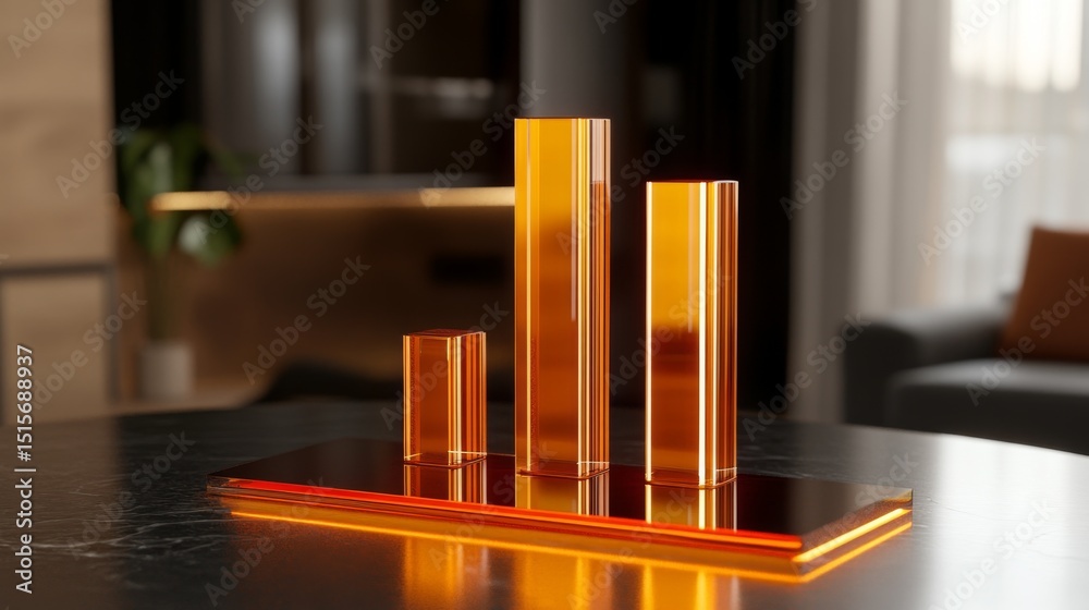 Poster a close-up of a high-tech d bar chart, featuring glossy bars in different heights and glowing accent