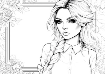 A coloring book page of an attractive woman with long blonde hair wearing jeans and a T-shirt, standing at her desk. She is drawing on a whiteboard in front of her.