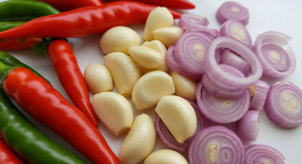 A vibrant close-up shot showcasing a colorful assortment of fresh, raw cooking ingredients: bright red and green chili peppers, peeled garlic cloves, and thinly sliced red shallots