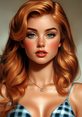 Woman with long red hair and a necklace around her neck. She has a red shirt on