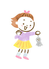 嬉しそうにてるてる坊主を持つ女の子のイラスト