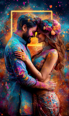Couple is embracing in a colorful background. The man is wearing a blue shirt and the woman is wearing a yellow dress. The colors of the background are vibrant and lively, creating a joyful