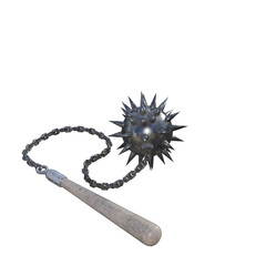 Medieval Flail Weapon with Spiked Ball and Wooden Handle on White Background