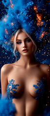 Woman with a blue and gold headdress and blue bra is the main focus of the image. The blue bra is adorned with gold accents, adding a touch of elegance to the outfit