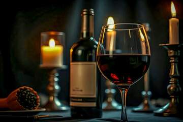 A dark-colored wine bottle that is soft and ambient. A half-filled glass of red wine, featuring the rich, deep red color of the wine, enhances its luxurious appearance.