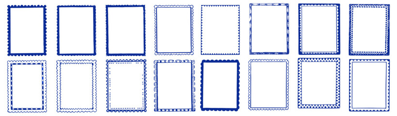 Set of Decorative Blue Frames for Design Projects. A collection of decorative, hand-drawn style, rectangular frames in a deep indigo/navy blue.