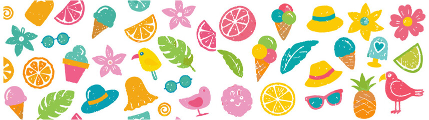 Fun Summer Pattern with Colorful Fruits, Ice Cream, and Accessories. A vibrant and cheerful summer pattern featuring a variety of colorful, hand-drawn illustrations of fruits, ice cream, flowers.
