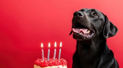 Happy Dog, Birthday Cake, Red Background