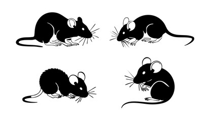 Four black mice illustration vector image for pest control rodent animal cartoon clip art design, 100 char silhouette