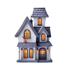 Charming watercolor style haunted house with glowing windows and small pumpkin decoration creates cozy spooky atmosphere