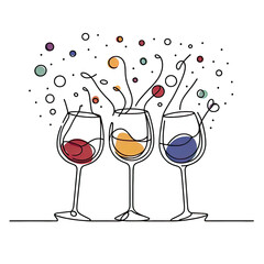 One line drawing of a Toasting with wine glasses with drinks and color spots. Minimalist hand-drawn sketch, isolated PNG