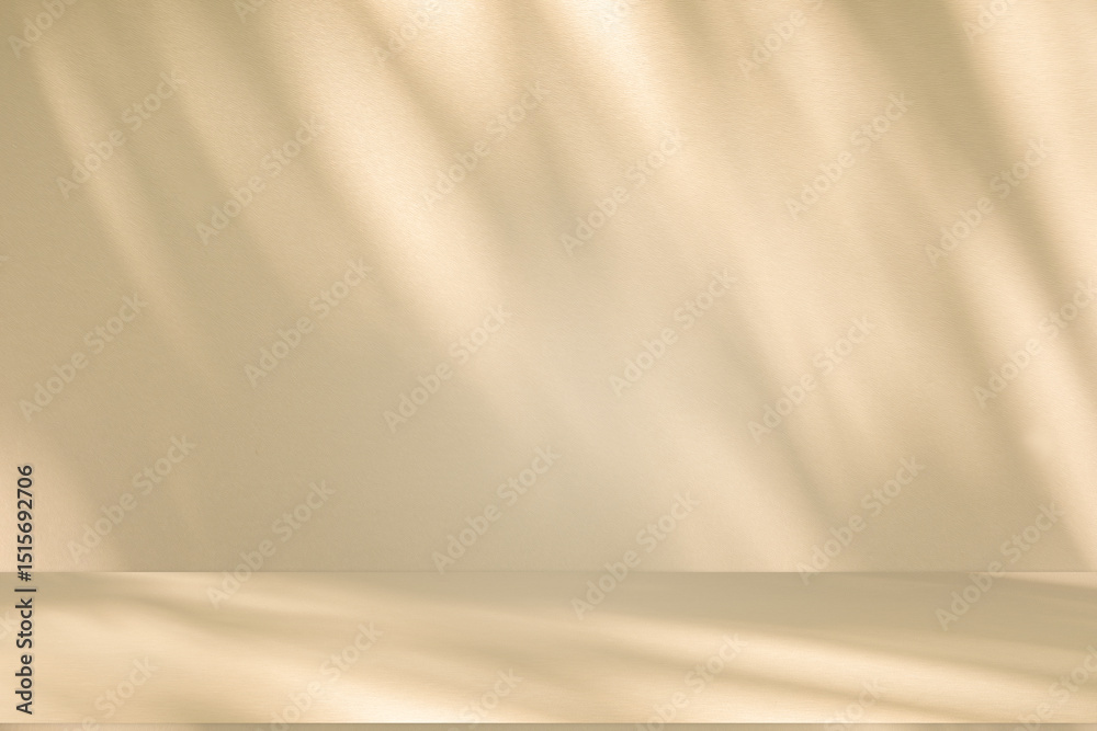 Aufkleber Wall interior background, studio and backdrops show products. with leaf shadow from window color beige and white. background for text insertion and presentation of product	