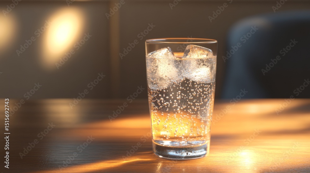 Aufkleber a close-up shot of a glass filled with sparkling soda and ice cubes, with bubbles rising to the surf