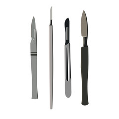 Fototapeta premium Set of surgical scalpels and medical knives in grey and black 