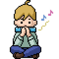pixel art of young boy play harmonica