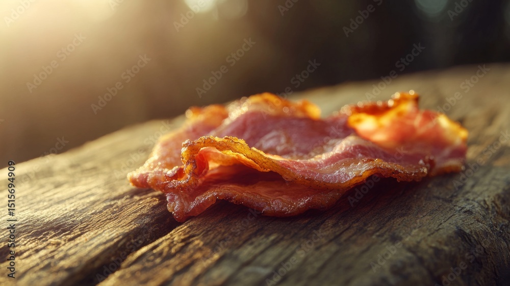 Poster a crispy bacon strip placed on a wooden surface, with a slight curl on the edges, with soft, natural
