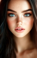 Beautiful brunette woman with a pink background, a perfect face, and beautiful eyes
