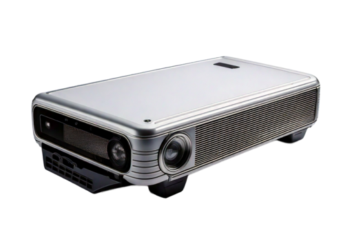 A blank portable projector with a smooth, rectangular shape isolated on transparent or white background