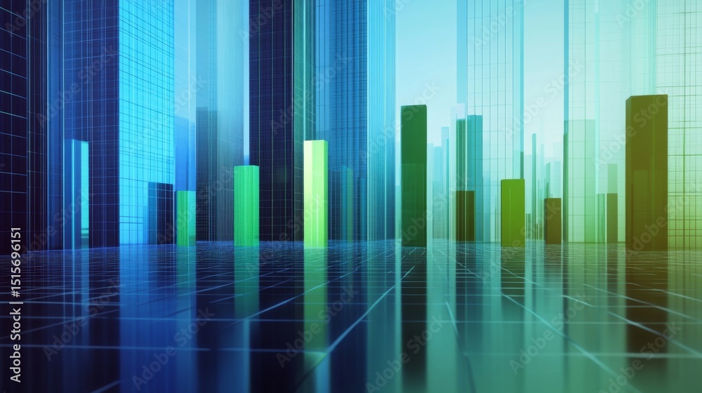 Aufkleber a detailed d financial bar graph with rising bars in blue and green tones, set against a modern digi
