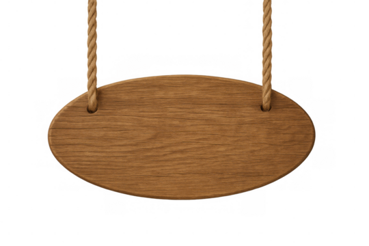 Empty oval wooden sign hanging from two ropes on a transparent background, creating a rustic and customizable design element