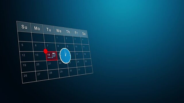 Deadline reminder on digital calendar with alert symbol and clock icon, looped animation