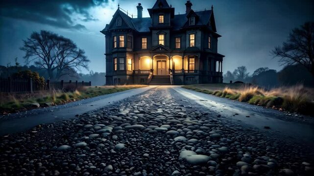 Imposing Gothic style house with glowing windows at twilight, stony driveway leading to entrance, foreboding mood, bare tree.
