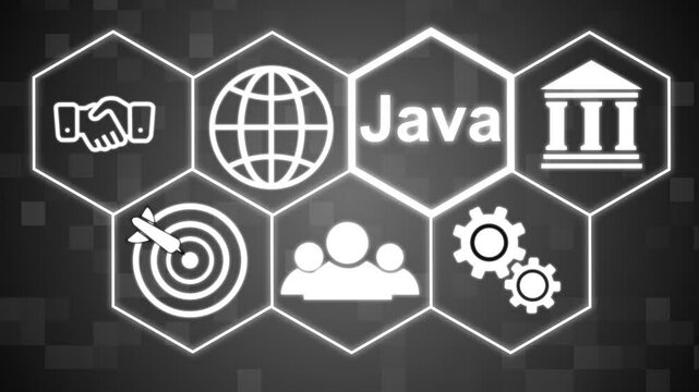 A Java concept on a futuristic .Hi tech motion graphic background, white flickering dots on dark background
