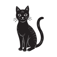 Fototapeta premium Elegant Black Cat Sitting Upright with Whiskers and Curved Tail