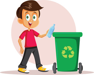 Happy Boy Throwing Away a Plastic Bottle Vector Cartoon Illustration. Eco conscious kid trying to protect the planet by sorting garbage
