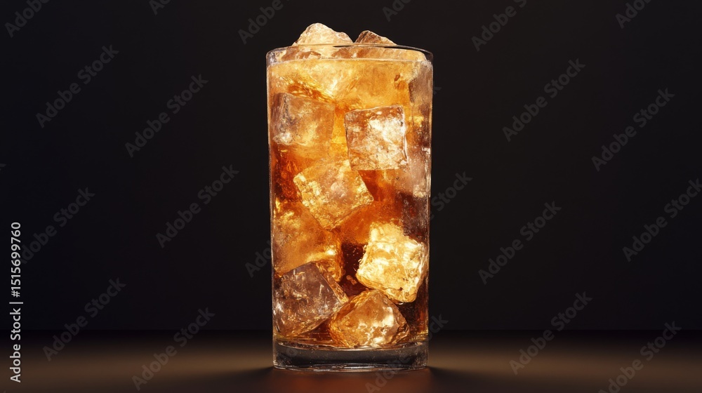 Poster a frosty beer glass filled with ice, set against a dark background with soft lighting emphasizing th