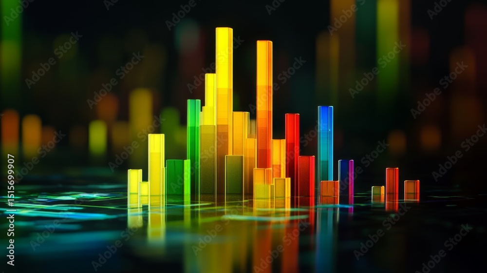 Poster a futuristic d bar graph with colorful, glowing bars rising on a digital screen, showcasing financia