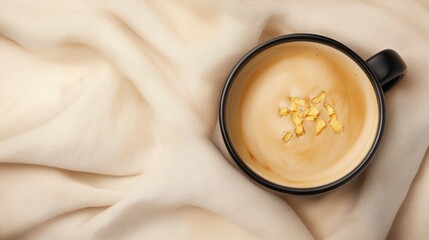Aromatic cup of coffee served with a rich piece of butter on a rustic wooden table for an inviting morning treat