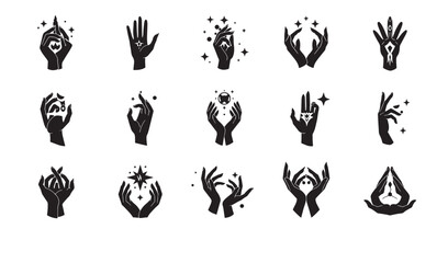 Naklejka premium Mystical hand gestures with stars celestial elements in elegant silhouettes on white background