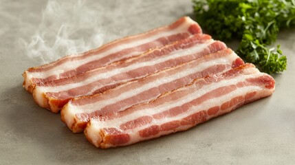 Obraz premium A group of bacon strips freshly cooked, laid out on a kitchen counter, surrounded by a faint mist of steam, capturing their golden, crispy appearance