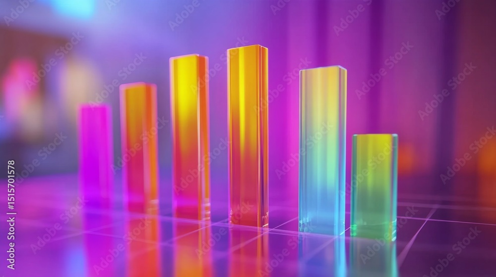 Fototapete A high-tech D bar graph with sharp, colorful bars representing market performance, with soft lighting and digital effects highlighting the upward trend