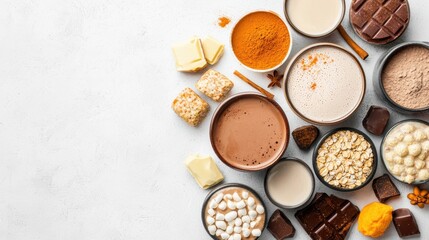 Diverse collection of different types of chocolate including dark, milk, and white varieties on a rustic wooden background