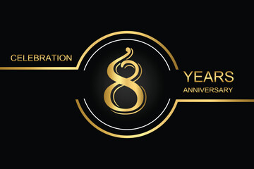  Elegant 8-year anniversary logo design with gold lines and number on a black background, perfect for celebrations and milestones.