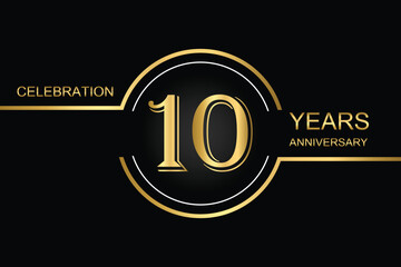  Elegant 10-year anniversary logo design with gold lines and number on a black background, perfect for celebrations and milestones.