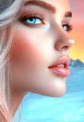 Woman with blue eyes and a pink lip is staring at the camera. The image has a dreamy, ethereal quality, with a mountain range in the background
