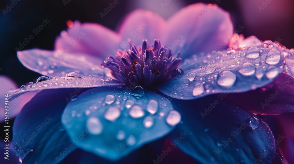 Aufkleber A macro shot of a vibrant blue hydrangea with raindrops on its petals, creating a stunning visual effect that emphasizes the flowers texture and color.
