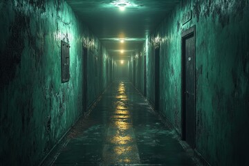 Dark Dreary Corridor in Soviet Labor Camp with Oppressive Atmosphere