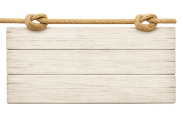Empty wooden sign with knotted rope hanging on transparent background, providing space for text or design