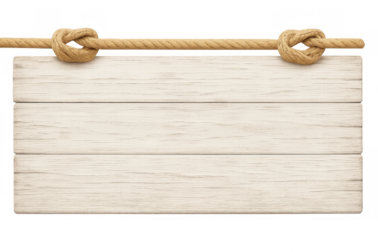 Empty wooden sign with knotted rope hanging on transparent background, providing space for text or design