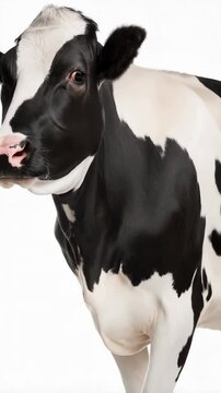 Full body portrait of a black and white Holstein cow standing in a clean white studio setting looking at the camera