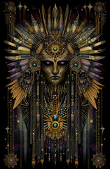 Woman with a gold headdress and a mask on her face. The woman is wearing a gold headdress and a mask, which gives her an exotic and mysterious appearance