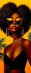 Woman with a big black afro and gold sunglasses. She is wearing a black tank top and gold earrings