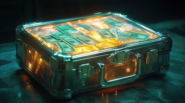 A high-tech briefcase filled with glowing money, symbolizing prosperity - Powered by Adobe