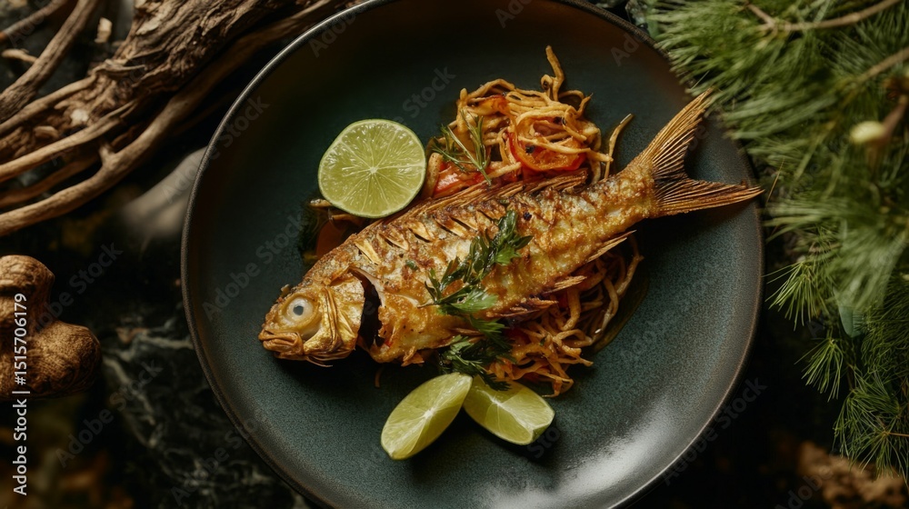 Poster a plate of deep-fried seabass topped with a rich fish sauce, garnished with lime wedges and fresh he