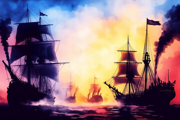 Epic Maritime War Scene with Classic Ships in Watercolor